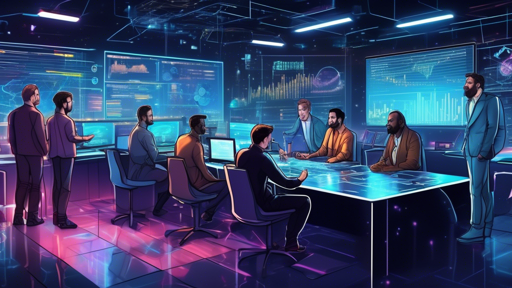 DALL-E Prompt: An illustrated scene of a futuristic digital workspace focused on cryptocurrency investment. The scene should include a high-tech desk cluttered with holographic charts and graphs displaying various cryptocurrency data, such as Bitcoin and Ethereum. A diverse group of individuals, ranging from novice to seasoned investors, are gathered around, passionately discussing strategies. One person is actively using a sleek, futuristic tablet to set up an account on a popular crypto exchange. In the background, virtual screens display tools for portfolio diversification and risk management. The atmosphere is vibrant and dynamic, capturing the excitement and complexity of investing in the best crypto.