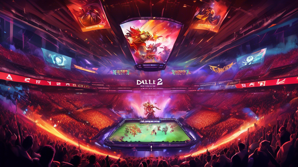 **DALL-E Prompt:** Create an illustration that captures the excitement of a major Dota 2 esports tournament, focusing on vibrant visuals of a packed stadium filled with enthusiastic fans. Include large screens displaying gameplay, players in high-intensity moments, and banners showcasing sponsorships. Incorporate elements like the Dota 2 logo, glimmering trophy, and bursts of confetti to represent the grandeur of competitive gaming. Make sure to highlight the diversity of players and fans to reflect the global impact of Dota esports.
