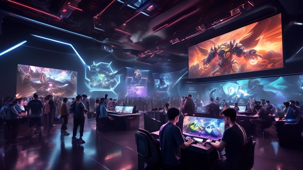Create a futuristic scene depicting the future of Dota esports, showcasing emerging trends in technology and gaming culture. Include elements like holographic displays of Dota 2 characters, players in high-tech gaming gear, an engaged audience in a stadium setting, and grassroots competitions in local gaming cafes. The atmosphere should portray excitement and innovation, with hints of virtual reality and community-driven events, capturing the essence of Dota esports