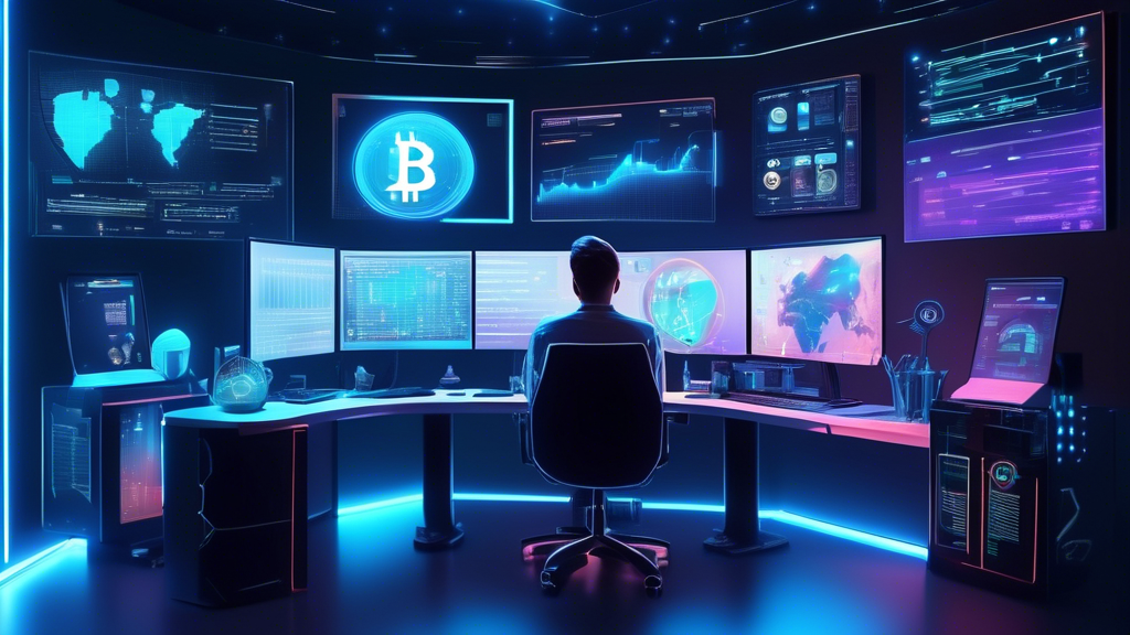 Create an image depicting a futuristic home office setup where a person is engaged in cryptocurrency trading. The room is filled with advanced technology, including multiple sleek monitors displaying market charts and trend analysis. A holographic interface shows market updates and tips for maximizing trading success. The decor features digital artwork related to cryptocurrencies, like Bitcoin and Ethereum symbols. One of the monitors showcases educational resources, while another displays a demo trading account interface. The overall atmosphere is dynamic and modern, emphasizing the theme of harnessing technology for successful crypto trading.