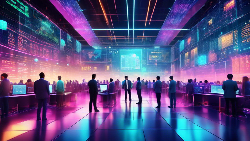 Create an image depicting a vibrant futuristic trading floor of the crypto stock market, bustling with digital screens displaying real-time market data. Include elements symbolizing current trends such as holographic graphs illustrating technological advancements, icons representing regulatory changes, and emotive visuals showcasing market sentiment shifts. Add diverse traders of various ages and backgrounds actively engaging with the data, reflecting both seasoned and new investors in this dynamic environment.