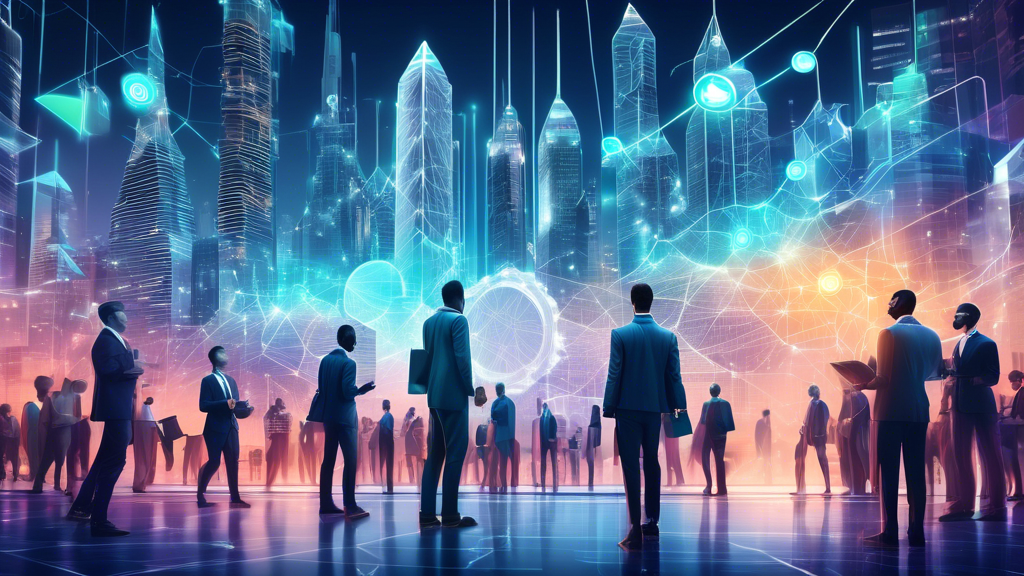 Create an image depicting a futuristic and visually dynamic scene symbolizing the Investment Strategies and Opportunities in the Crypto Stock Market. The scene includes a digital cityscape with prominent skyscrapers made from glowing cryptocurrencies, like Bitcoin and Ethereum. In the foreground, a diverse group of investors—coming from various demographics—are engaging with high-tech devices displaying real-time data and financial charts. Arrows and digital pathways illustrate the flow of investment strategies, emphasizing risk management and diversification. The atmosphere is vibrant with advanced technology, and the focus is on the limitless growth potentials within the crypto stock market.