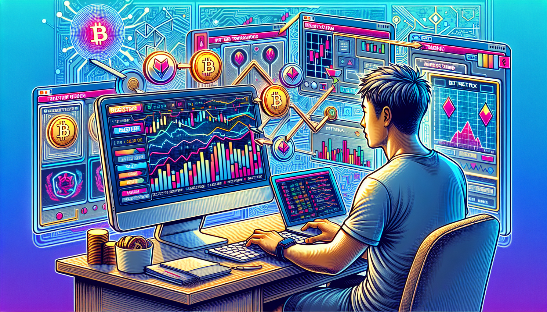 Create an informative and visually engaging image that illustrates the process of getting started with trading on Bittrex Exchange. The scene should depict a new trader at their computer, navigating the Bittrex interface. The screen should showcase a step-by-step guide on registration, entering transactions, and using trading features like limit orders and market trading. Include visual elements like graphs and trading charts on screen to highlight the platform