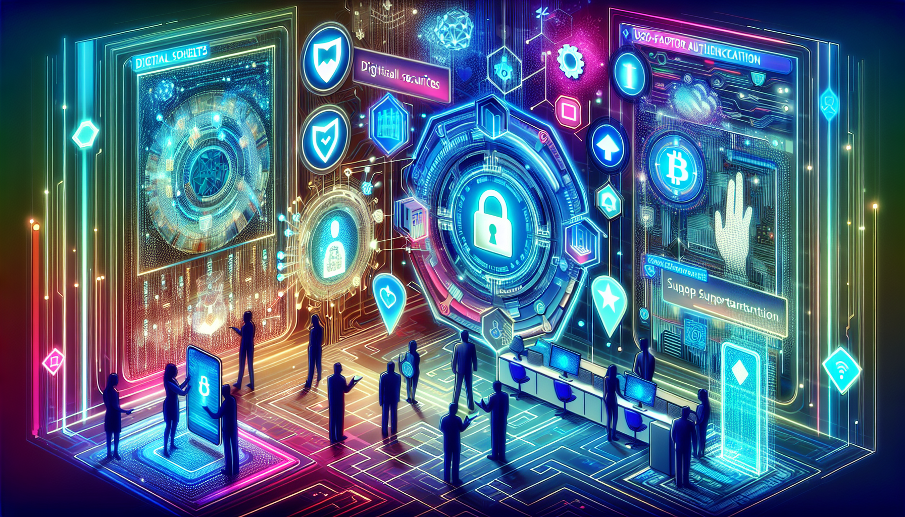 Create an image depicting the robust security and user support features on the Bittrex Exchange platform. Illustrate a futuristic, high-tech digital trading environment with visual elements representing cybersecurity measures such as shields, locks, and two-factor authentication devices. Include stylized representations of helpful support services like virtual assistants or support representatives assisting traders. The overall tone should convey trustworthiness and ease of use, highlighting the safe and supportive trading experience on Bittrex.