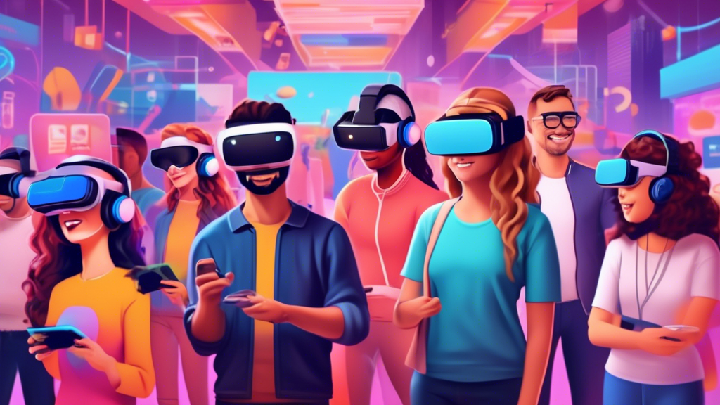 Create an image of a vibrant online marketplace bustling with activity, featuring a mix of digital platforms like eBay, Facebook Marketplace, and Craigslist. Highlight a variety of buyers and sellers engaging in transactions over PS5 VR headsets. Capture the essence of online bargain hunting by incorporating elements such as ratings, product reviews, and communication between avatars to suggest negotiation and verification processes. Add a visual metaphor for authenticity checks, like a magnifying glass over a seller profile, ensuring a secure exchange.