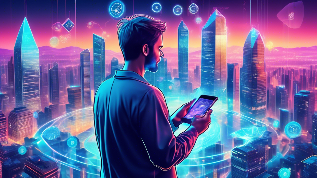 Create an image that depicts the futuristic landscape of hyper finance within the cryptocurrency world. Imagine a vibrant cityscape where blockchain skyscrapers and digital holograms are part of everyday life. The scene is bustling with activity, as people interact with transparent touchscreens displaying complex financial data and cryptocurrency trends. Innovative financial products are represented as dynamic, glowing elements floating above people