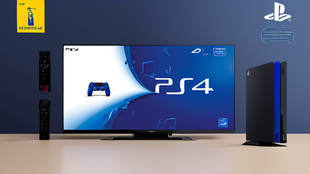 Create an image showcasing the new PS4 Slim console with a modern and sleek user interface displayed on the screen. Include visual elements that represent energy efficiency (such as a power-saving symbol) and quieter operations (like sound wave graphics indicating low noise). Illustrate improved remote play features by showing a gamer using a smartphone or tablet to connect to the PS4 Slim, along with icons representing social connectivity, such as online friends and chat bubbles. The background should be minimalistic but stylish, emphasizing the console