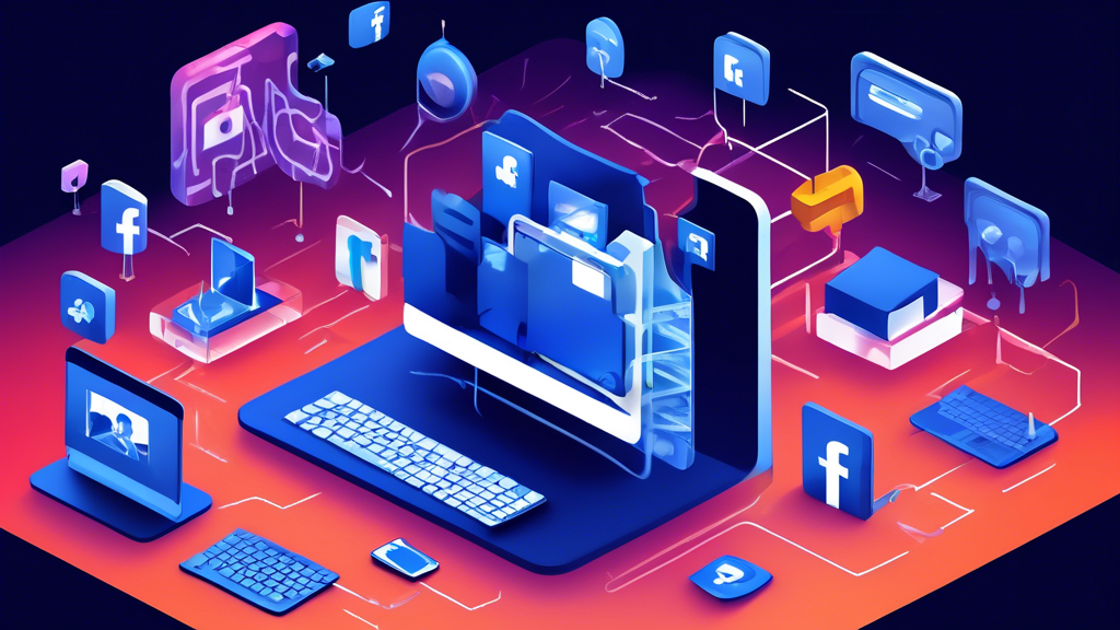 Create an image portraying a digital landscape featuring a metaphorical depiction of various tools used to unblock Facebook proxies. In the foreground, show a computer screen displaying the Facebook logo. Surrounding the screen, illustrate flowing digital representations of web-based proxies, VPN tunnels, and dedicated proxy servers, each distinguished by unique visual styles. Include visual symbols or icons representing the speed, security, and effectiveness of each method. In the background, depict a spectrum chart comparing these tools, providing a futuristic, high-tech feel that emphasizes accessibility and connectivity.