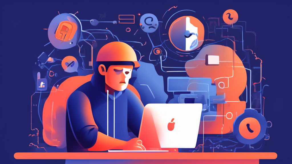 Create an illustration depicting a frustrated user sitting at a computer trying to access Facebook through a proxy. Surround the user with visual representations of common issues like giant error symbols, a snail for slow speed, and security locks. In the background, include subtle visuals of troubleshooting tools like wrenches and manuals, suggesting practical solutions. Use a blend of warm and cool colors to create a sense of determination and problem-solving, and incorporate subtle Facebook and proxy iconography to tie the scene together.
