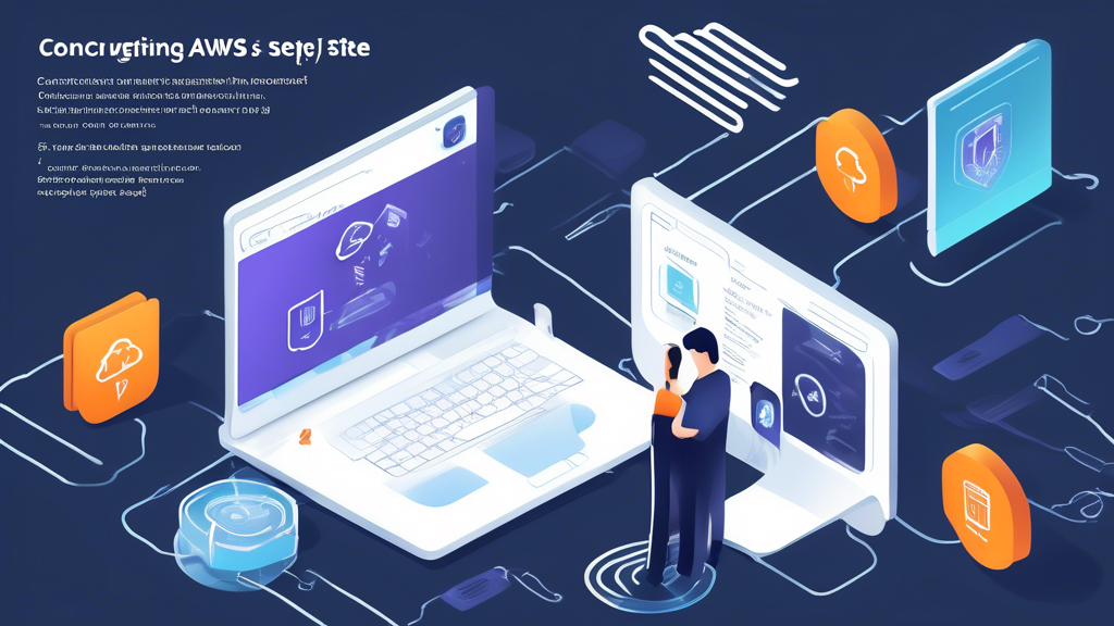 Create an image that illustrates a step-by-step guide for configuring AWS VPN. The scene should depict a modern digital workspace with a computer screen showing the AWS Management Console. Include graphical elements representing a Site-to-Site VPN tunnel, such as a secure connection icon, clouds, and lock symbols to emphasize security. Add visual cues like checklists and arrows indicating the sequence of steps, along with key features like preparation notes and optimization tips in a clear, visually appealing layout. The color scheme should reflect AWS branding, using shades of orange, blue, and white.