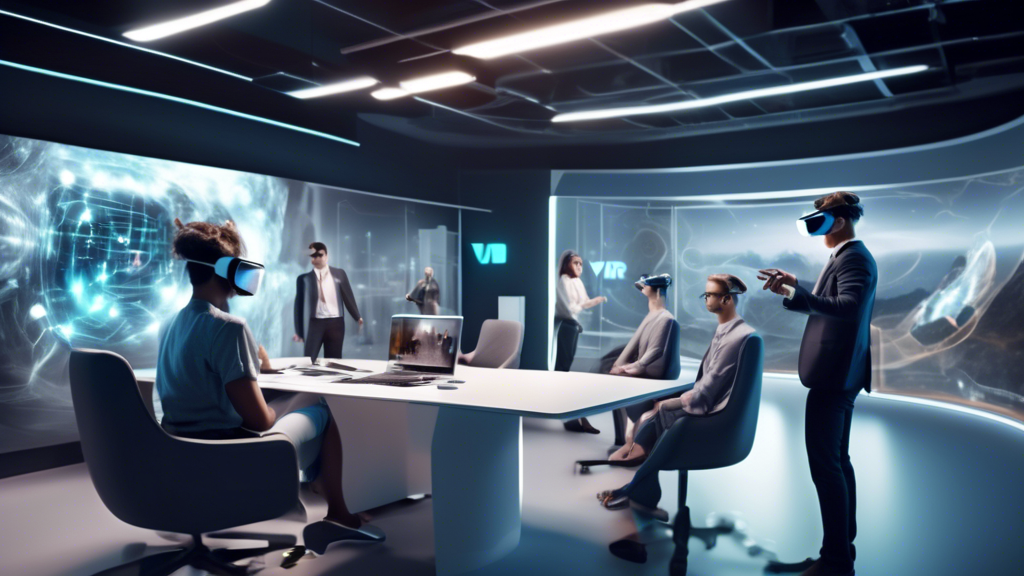 Create an image that showcases a futuristic business office where employees are using VR headsets. The scene should depict a virtual meeting room where participants from different locations are engaged in a seamless, interactive conference. In the background, show another employee participating in an immersive training session, utilizing VR to manipulate 3D models. Include elements that highlight the efficiency and productivity brought by VR technology, such as visible data overlays and holographic-style displays, illustrating a high-tech, collaborative business environment. Use a palette of modern, sleek colors to convey a sense of innovation and advancement in workplace solutions.