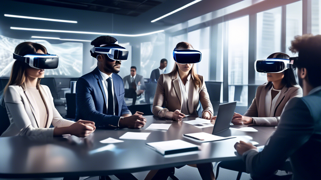 Create an image of a futuristic office environment where business professionals are engaged in a meeting using Virtual Reality (VR) headsets. The image should capture the challenges and triumphs of integrating VR in business, featuring professionals of diverse backgrounds collaboratively engaging with 3D holographic data and virtual models. Include visual elements that suggest advanced solutions for overcoming adoption barriers, such as an AI assistant helping with VR setup, and screens displaying cost analysis and integration metrics. The scene should convey a sense of innovation, collaboration, and strategic alignment with business objectives, showcasing the transformative potential and future prospects of VR apps in business settings.