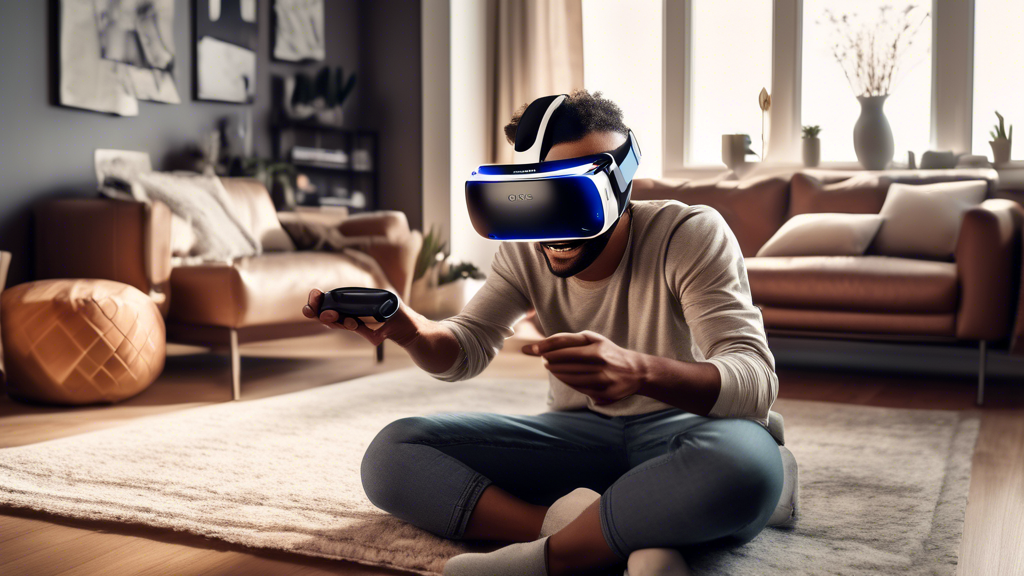 Create an image that visually represents a modern, tech-savvy adult setting up and customizing a Meta Quest 2 VR headset in their home environment. The adult is engaged in adjusting various settings on the device, surrounded by digital interfaces that depict customization options like wallpapers, app icons, and privacy controls. The background should suggest a cozy, stylish living space with subtle hints of technology and personal touches, emphasizing the ease and sophistication of tailoring the VR experience for an adult user. Include visual elements that convey a sense of privacy and control, symbolizing the adaptability of the Meta Quest 2 to the mature user