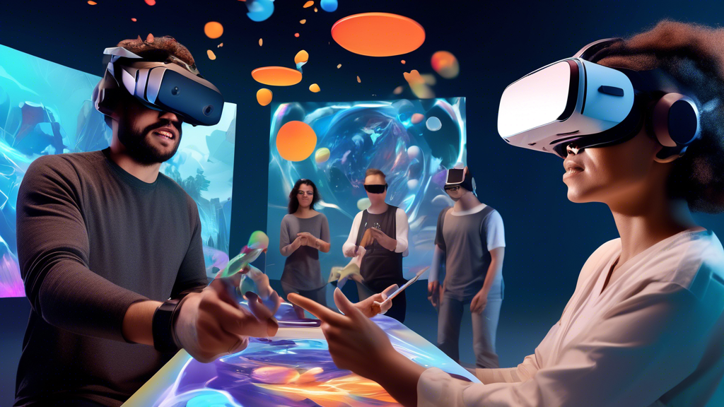Create an image depicting a vibrant and engaging virtual reality scene with adults using the Meta Quest 2 headset. They are immersed in a diverse range of activities: some are playing a sophisticated strategy game in a futuristic setting, others are attending a virtual art class where they are painting in 3D, and a group is engaged in a collaborative virtual workspace surrounded by floating data displays. Capture the excitement and potential of Meta Quest 2 apps and games that cater to adult interests, with a focus on social and collaborative VR experiences. The image should convey a sense of innovation, connectivity, and limitless possibilities.