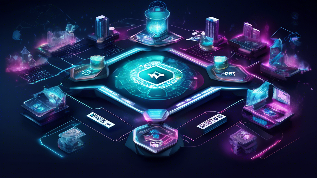 Create an image that visually represents the trends shaping the future of WPT Global. Include elements like futuristic technology symbols (like AI and blockchain), a regulatory framework represented by abstract legal symbols, and user experience icons (such as engaging interface designs and community interactions). The background should feature a stylized poker table and digital screens showcasing online gaming, emphasizing the online poker platform