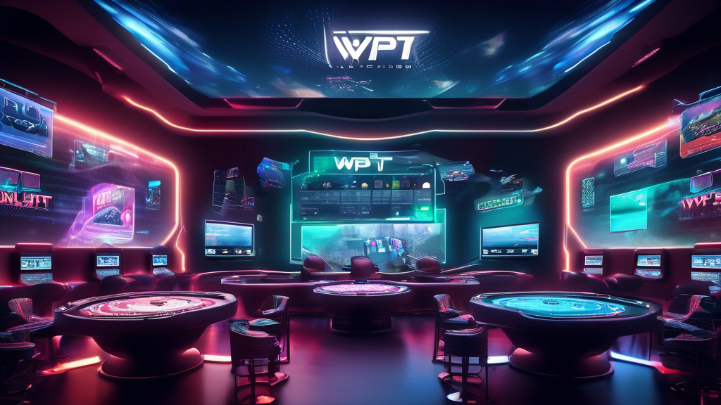 **DALL-E Prompt:** A futuristic digital landscape representing the online poker world, highlighting WPT Global. Include elements such as vibrant marketing strategies, collaborative partnerships within the gaming community, and visuals depicting growth and expansion in a global context. Use symbols of technology like blockchain graphics, diverse players engaging in online gameplay on screens, and dynamic charts showing upward trends in the online poker market. The atmosphere should be lively and innovative, encapsulating the essence of WPT Global