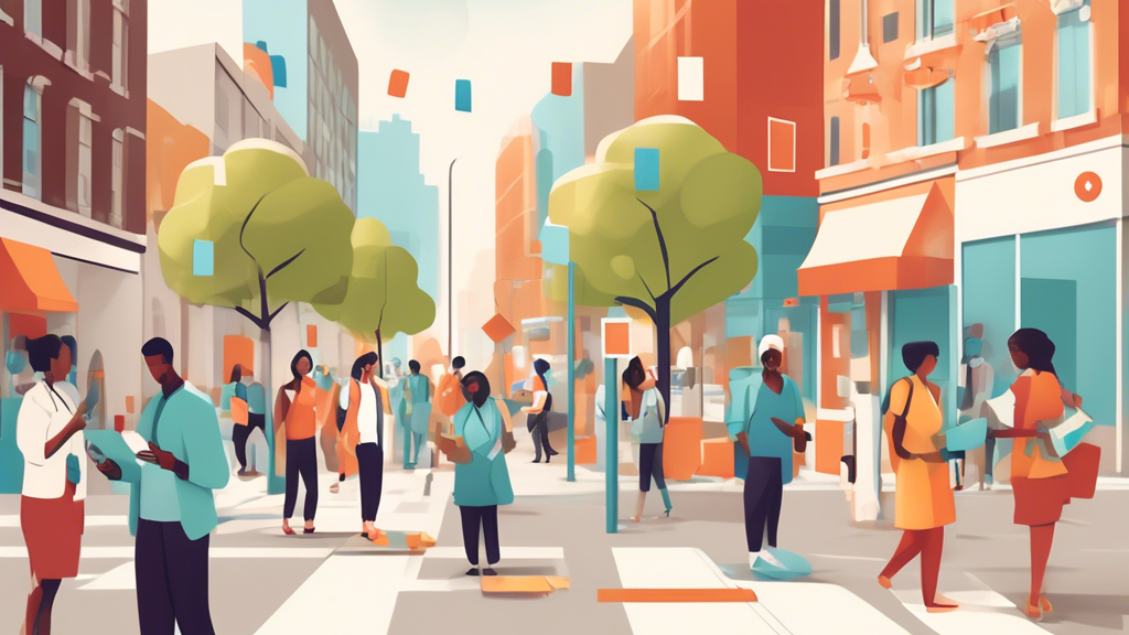 Create an image of a busy city street with various healthcare clinics and banners displaying Low Cost DOT Physical Exams. Include a diverse group of people looking at a map or their smartphones, searching for affordable clinics nearby. Add visual elements like icons for discounts or insurance options, blending into the cityscape to emphasize accessibility and affordability. The scene should feel inviting and informative, showcasing a range of reliable options for affordable DOT physical exams in an urban setting.