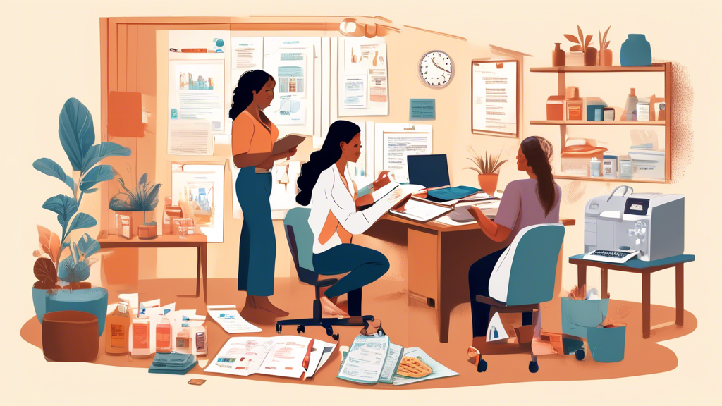 A detailed and informative illustration featuring a diverse group of individuals preparing for a low-cost DOT physical exam. The scene is set in a cozy home office where a person is reviewing a checklist of essential documents and information needed for the exam. Various items are spread across a table: a pile of medical records, insurance cards, a water bottle, and healthy snacks, symbolizing healthy lifestyle choices. In the background, a calendar on the wall shows upcoming exam dates, and a laptop displays a webpage about DOT physical preparation tips. The atmosphere is one of calm preparation and encouragement, with warm lighting and motivational posters contributing to the positive, supportive environment. This image captures the essence of preparing for an affordable DOT physical exam, highlighting organization, health consciousness, and readiness for success.