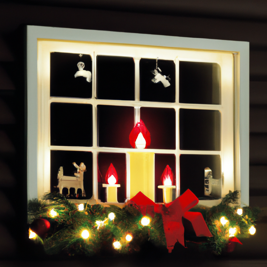 Create an image of a cozy holiday home setting viewed from the outside, showcasing windows adorned with elegant Christmas window candles. The candles are designed with energy-efficient LED lights, realistic flickering flame effect, and have sleek, modern designs. Incorporate a variety of styles, some with traditional brass holders and others with minimalist contemporary stands. Highlight features such as adjustable timer settings displayed subtly in the scene, emphasizing ease of installation. Capture the warm, inviting glow emanating from the candles, enhancing the festive atmosphere of the home. The overall aesthetic should be enchanting and appealing, enticing viewers to consider these features when selecting the best Christmas window candles.