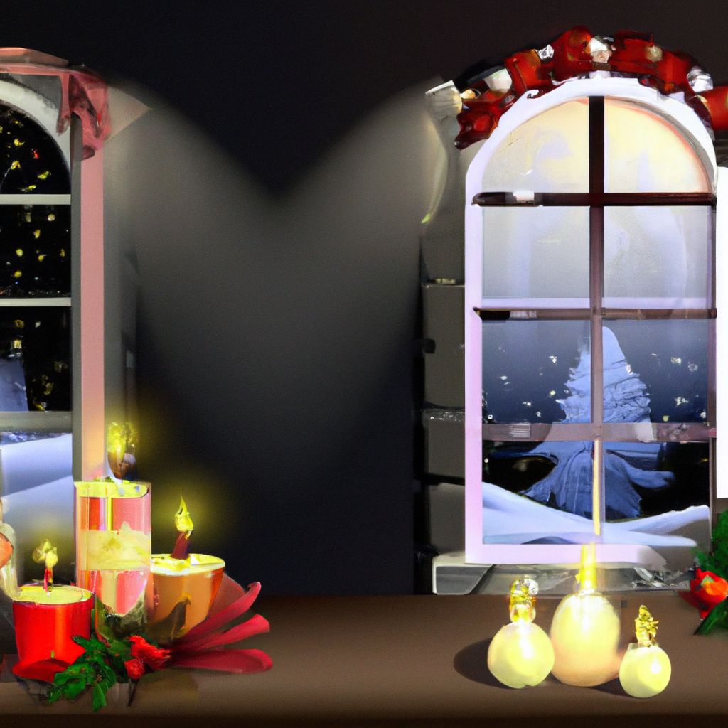 Create a festive and enchanting digital illustration showcasing a cozy living room adorned with a variety of the best Christmas window candles from top brands. The room should feature large windows with candles elegantly perched on the sills, casting a warm, inviting glow that spills into the room. Include diverse candle styles, such as traditional flickering flame designs, modern LED options, and realistic wax-like appearances, each with subtle branding labels visible. Capture the cozy holiday ambiance with a beautifully decorated Christmas tree, soft glowing lights, and snow gently falling outside, enhancing the serene and magical atmosphere.