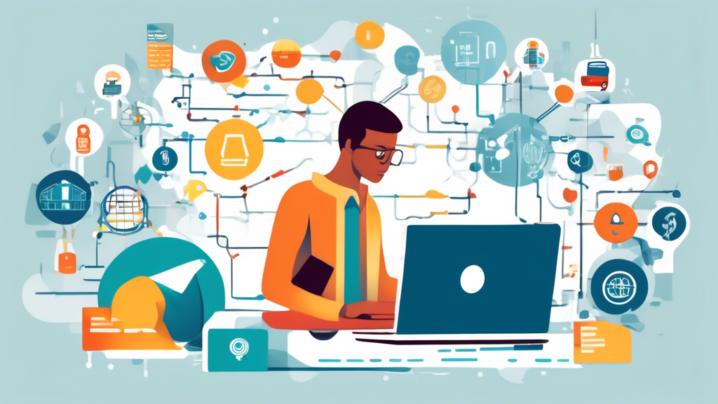 Create an image that visually represents the concept of finding an affordable Department of Transportation (DOT) exam in your area. The image should depict a person using a laptop and smartphone, surrounded by icons representing online resources, such as search engines, local directories, social media, and community forums. Include visual elements like dollar signs or symbols indicating cost-effectiveness. The setting should be a cozy home office or study space, emphasizing convenience and accessibility. The person should appear focused and optimistic, embodying the ease of finding budget-friendly options online.