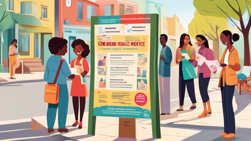 Create an image of a community health notice board in a cozy neighborhood setting. The board is filled with colorful flyers and posters offering Budget-Friendly DOT Exams and Subsidized Health Check-ups. A diverse group of people from different professions and walks of life are gathered around the board, engaged in lively discussion. One flyer prominently features a bold Discount Available! stamp, and another highlights Local Health Initiatives for Affordable DOT Exams. The scene captures a sense of community and accessibility, emphasizing practical solutions for saving on essential health exams.