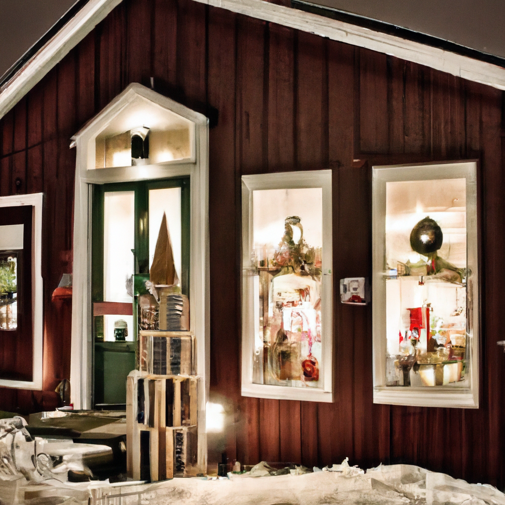 Create an image of a quaint, cozy local shop at dusk, with a warmly lit interior showcasing a charming display of unique, handcrafted advent candles for sale. The shop is nestled on a quiet, cobblestone street, with snow gently falling, accentuating a welcoming holiday atmosphere. An inviting hand-painted wooden sign above the door reads Artisan Boutique: Advent Candles and through the frosted window panes, glimpses of a variety of colorful candles in various decorative holders can be seen, along with a friendly shopkeeper ready to assist a customer. Focus on the cozy, small-town charm and the allure of discovering one-of-a-kind, locally-made holiday treasures.