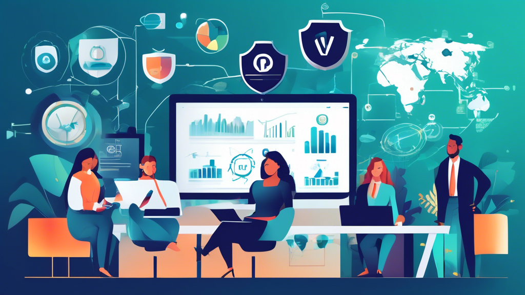 Create an illustration that visually represents the main advantages of a Business VPN for modern companies. Include elements such as a group of diverse employees working remotely from different locations, a secure data transfer symbol (like a padlock or shield), and graphs showing improved performance metrics and communication reliability. Use a modern office setting with digital devices like laptops and tablets to emphasize the importance of remote access security. The overall tone should convey safety, connectivity, and efficiency, highlighting how a Business VPN enhances corporate operations.