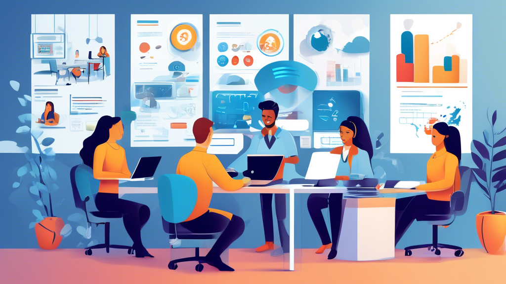 Create an informative and visually engaging illustration depicting a modern office environment where employees are effectively using a Business VPN. Include key elements such as a diverse team collaborating over laptops while connecting securely through a VPN, a visual representation of digital security like locks or shields, and a chart showing improved communication performance. Emphasize a sense of teamwork and efficiency, with elements that highlight training sessions or tutorials on VPN usage, symbolizing the implementation process of Business VPN in companies. Use a modern, professional color palette to convey a corporate atmosphere.