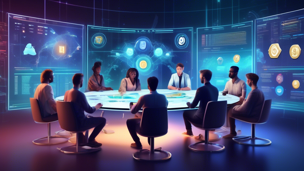 Prompt: Create an image depicting a diverse group of individuals sitting around a large touch-screen table, each carefully selecting features of their ideal cryptocurrency trading platform. The table displays various options, such as risk tolerance sliders, personalized trading goals, and community forums. The background should include floating holograms displaying educational resources and comparison charts of different platforms, emphasizing a futuristic and tech-savvy atmosphere. Include elements such as graphs, icons, and symbols representing personalization and community engagement in the crypto world. The setting should convey a sense of empowerment and informed decision-making in choosing the best crypto trading platform for individual needs.
