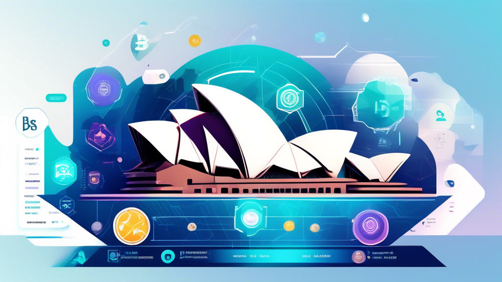 Create an image showcasing a futuristic digital interface representing the key features of the best Australian crypto exchange. The interface should display elements such as robust security symbols, a user-friendly navigation panel, dynamic charts of various cryptocurrencies, and a customer support icon. The background should incorporate subtle references to Australian landmarks, like the Sydney Opera House or kangaroo silhouettes, to emphasize the location. Overall, the image should convey a sense of trustworthiness, efficiency, and a wide array of trading options, illustrating the essence of a top-tier crypto exchange in Australia.