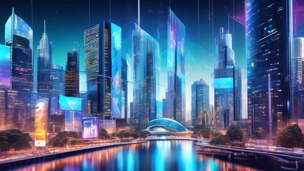 Create an image of a futuristic cityscape set in Australia, with towering skyscrapers that feature digital billboards showcasing the logos of leading Australian crypto exchanges. Include diverse individuals interacting with holographic screens that display expert reviews and user feedback for each exchange. The city should be vibrant and technologically advanced, symbolizing the progressive nature of the cryptocurrency market in Australia. Keywords and phrases like best Australian crypto exchange should be subtly integrated into the scene, reflecting expert recommendations and user experience.