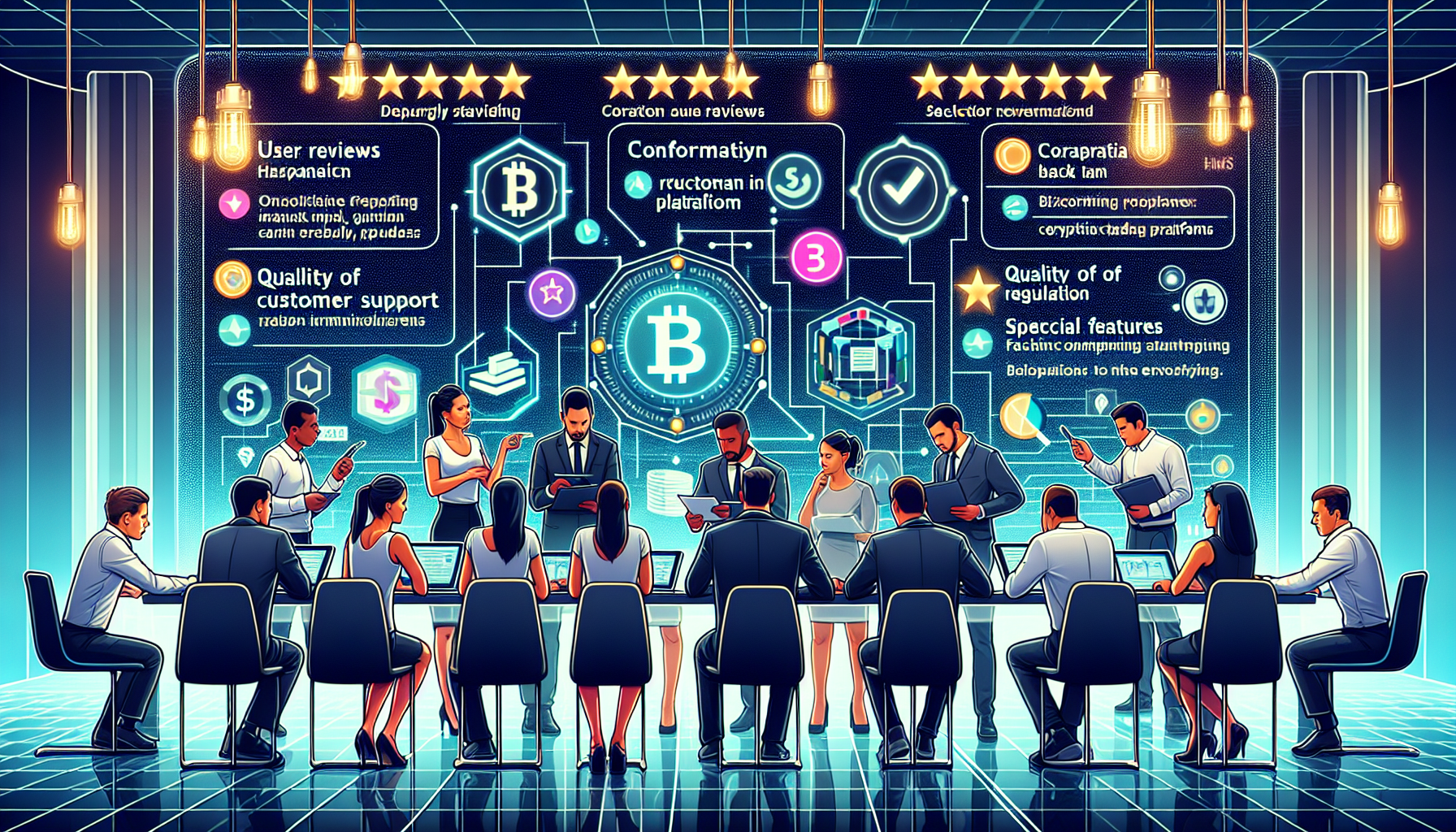 Create an image illustrating a decision-making process for selecting a cryptocurrency trading platform. The image should depict a diverse group of individuals studying various factors on a large digital interface, such as user reviews, regulation compliance, customer support quality, and platform features. Include visual elements like graphs, star ratings, and comparative charts to represent the evaluation process. The background should be a modern, tech-themed environment, symbolizing innovation and advanced technology. Highlight keywords like sites like Coinbase and how to choose subtly incorporated into the interface design.