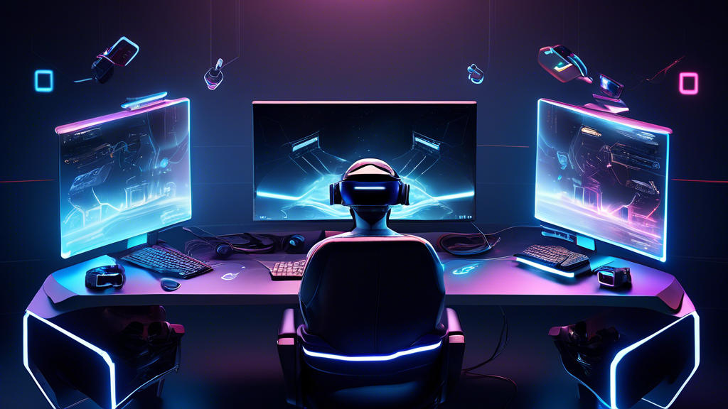 Create an image depicting a futuristic desk setup, emphasizing the technical side, showcasing a high-end gaming PC alongside a PSVR2 headset. Include floating virtual specifications, like holographic displays listing minimum requirements for PC graphics card, CPU, and RAM essential for PSVR2 compatibility. Illustrate visual cues of connectivity challenges such as error symbols or tangled cables, contrasted with glowing, futuristic workarounds or solutions being brainstormed by a group of enthusiastic VR developers. The scene should capture a spirit of innovation and exploration in tech, balancing between complexity and creative problem-solving.
