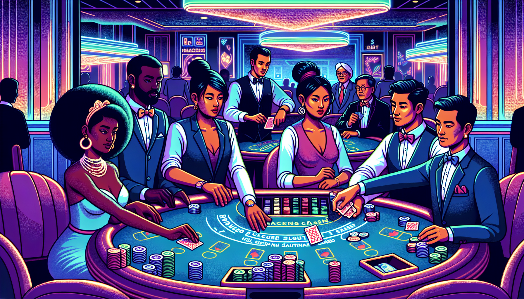 Create an image that portrays a vibrant and immersive scene of a live blackjack game taking place in a sophisticated casino setting. The focus should be on a diverse group of players seated around a blackjack table, each demonstrating confident body language as they engage in the game. A dynamic, well-dressed dealer is interacting with the players, dealing cards with precision. Display visual cues for effective live blackjack play, such as chips neatly stacked to illustrate bankroll management and strategically arranged cards for making informed decisions. The backdrop should capture the lively atmosphere of the casino with subtle nods to strategic elements like odds and table selection. Keywords: live blackjack experience, enhance skills, strategic play, dynamic casino environment.