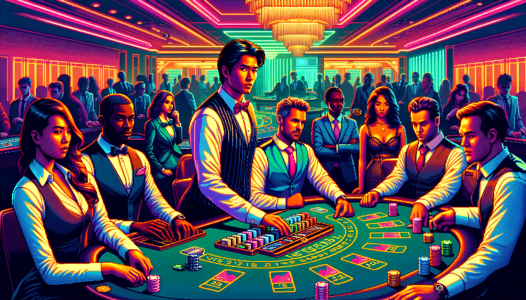 Create an image of a sophisticated casino setting focused on a live blackjack table, with an array of players intently engaged in gameplay. The scene captures a skilled player using advanced strategies, like card counting, through subtle visual clues such as a notepad with organized numbers, chips stacked strategically, and a subtle focus on the player