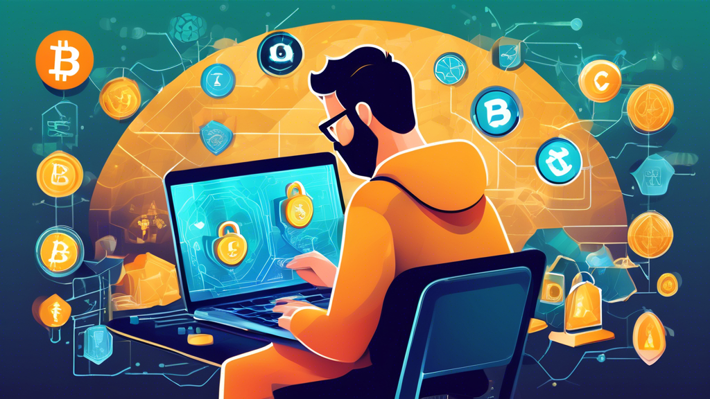 Create an illustration that depicts a digital landscape representing the world of cryptocurrency, emphasizing safety and security. Incorporate symbols like a locked padlock, a shield, and a magnifying glass to symbolize security measures and research. Show a person using a laptop with icons of popular crypto platforms in the background, along with visual representations of free crypto, such as coins or tokens, being secured safely. Include elements that convey caution, like warning signs or red flags, to highlight the importance of avoiding scams. The overall tone should be informative and reassuring for those looking to get free crypto with no deposit.