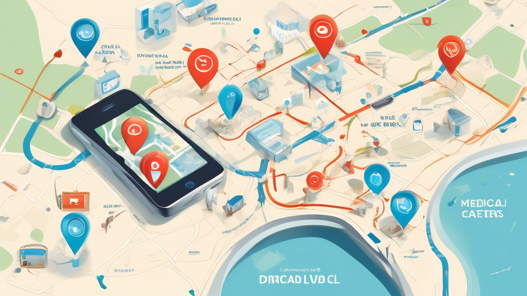 Create an image of a friendly, detailed map with various medical symbols denoting locations of authorized CDL physical exam centers. Emphasize the use of digital and physical markers like magnifying glasses, location pins, and directional arrows. Include elements such as a character researching on a computer or smartphone, highlighting the use of online directories and state DMV resources for finding CDL physical test locations. Add visual cues like a calendar and a checklist to symbolize factors like proximity, availability, and qualifications of medical examiners.