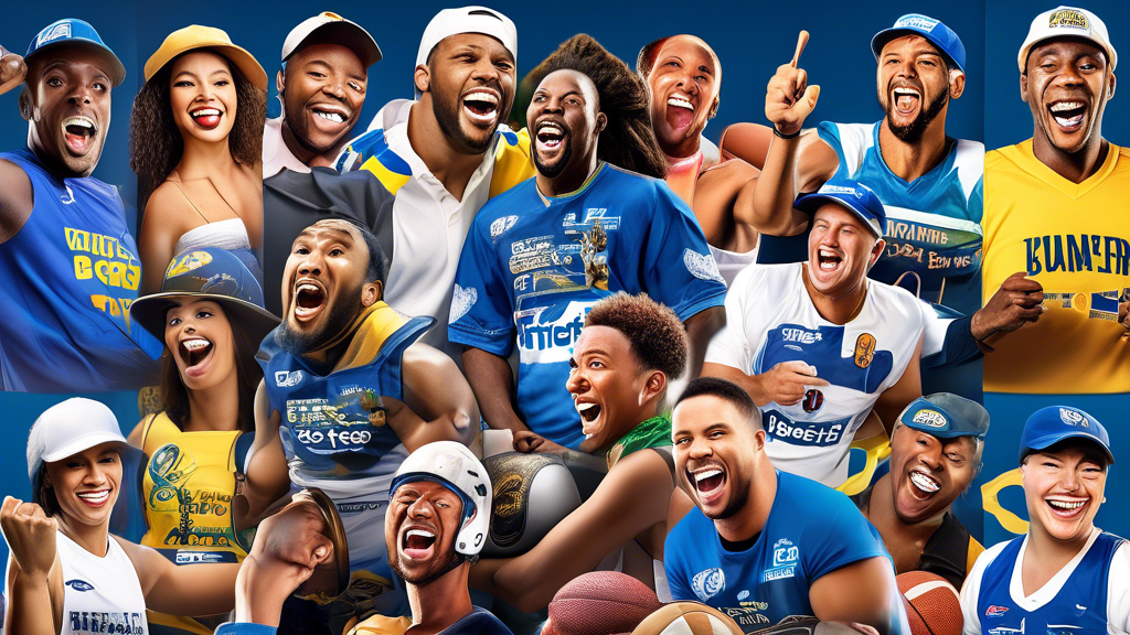 Create an engaging collage of real-life success stories featuring diverse sports bettors celebrating their winnings after utilizing the Sportsbet joining bonus. Showcase individuals from various backgrounds with expressions of joy and excitement, surrounded by symbols of different sports such as football, basketball, and horse racing. Include visual elements like winning slips, trophies, and numbers indicating impressive returns. Highlight testimonials and a sense of community learning through sharing experiences in a vibrant, dynamic setting.
