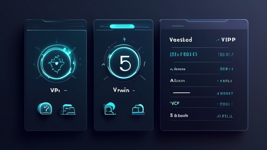 Create an image depicting a sleek, modern interface of a digital dashboard showing a list of the top 5 best free VPNs to access blocked websites. The dashboard should include visual elements like performance bars, security shields, and usability ratings for each VPN. Include dynamic icons or symbols representing elements such as speed, security, and user-friendliness. The background should subtly suggest connectivity and cyberspace, with abstract representations of digital networks or data flows. The overall theme should convey reliability, security, and expertise in selecting top free VPNs.