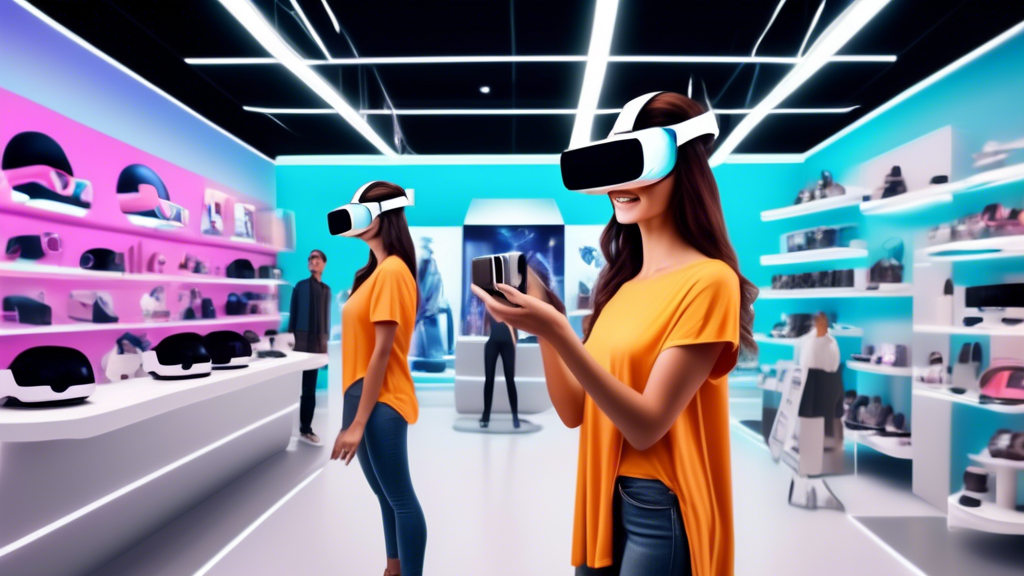 Create an image depicting a modern retail store environment where customers are actively engaging with virtual reality technology. Show individuals using VR headsets to experience immersive product demonstrations, participate in try-before-you-buy scenarios, or explore a virtual reality store layout. Highlight the vibrant, futuristic setting, showcasing a blend of physical and digital shopping experiences. Add elements that convey the enhancement of customer experience and engagement, such as interactive holographic displays and personalized assistance avatars. The scene should evoke a sense of innovation and the potential for VR to revolutionize customer interactions in the business world.