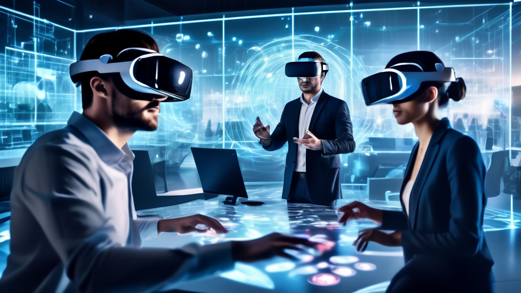 A futuristic office setting with business professionals collaborating with virtual reality technology. The image features employees wearing VR headsets, navigating a digital world where holographic screens display data and project plans. In the foreground, a team works together to solve a complex problem, highlighting the integration of VR in their workflow. In the background, a tech developer aids staff in overcoming technical challenges and optimizing VR systems. Illustrate an atmosphere of innovation and forward-thinking, with a hint of what the future holds for VR in the business sector. Keywords: VR, innovation, teamwork, future, technology.