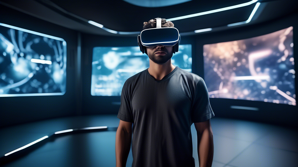 Create an image of a futuristic, immersive virtual reality environment featuring an Oculus headset prominently displayed. The scene should showcase cutting-edge technology with hyper-realistic graphics and intuitive interface elements. Include subtle hints of customization options, like personalized avatars and interactive settings that suggest a user is deeply engaged in a tailored experience. The background should evoke a sense of advanced digital realism, highlighting the seamless integration of technology and imagination.
