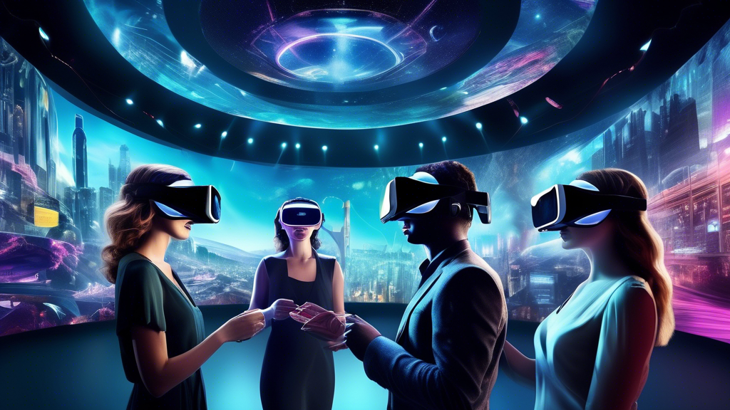 Create an image depicting the futuristic landscape of the entertainment industry, showcasing an innovative theater where people are wearing Oculus headsets. The atmosphere is a blend of digital and real-world elements, with holographic displays illustrating data trends in virtual reality evolution. The scene should hint at societal changes, highlighting diverse individuals experiencing personalized, immersive content through their headsets. Include visual motifs of advanced technologies and speculative future devices to symbolically represent the ongoing transformation and potential future developments in adult VR experiences.