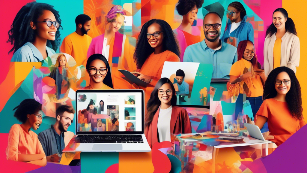 Create an inspiring digital collage showcasing a diverse group of people engaged in various creative activities using Adobe Creative software. Include elements such as a laptop displaying colorful graphics, individuals taking online courses, participating in forums, and sharing ideas in a vibrant community setting. Incorporate visual cues representing learning, networking, and creative trends, like Adobe Showcase highlights, with a modern and dynamic aesthetic. Use bright colors and engaging imagery to capture the essence of collaboration and creativity in the Adobe community.