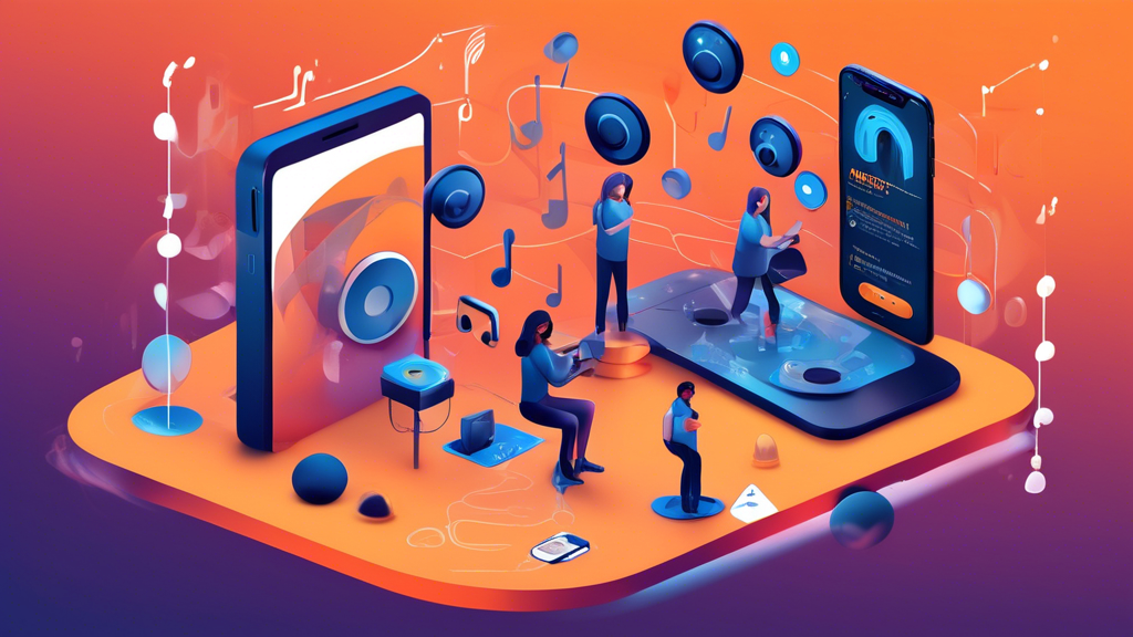 Create an informative and visually engaging illustration that represents the concept of troubleshooting common problems with Amazon Music offline usage. The image should feature a person using a smartphone with the Amazon Music app open, surrounded by visual representations of common issues such as a 
