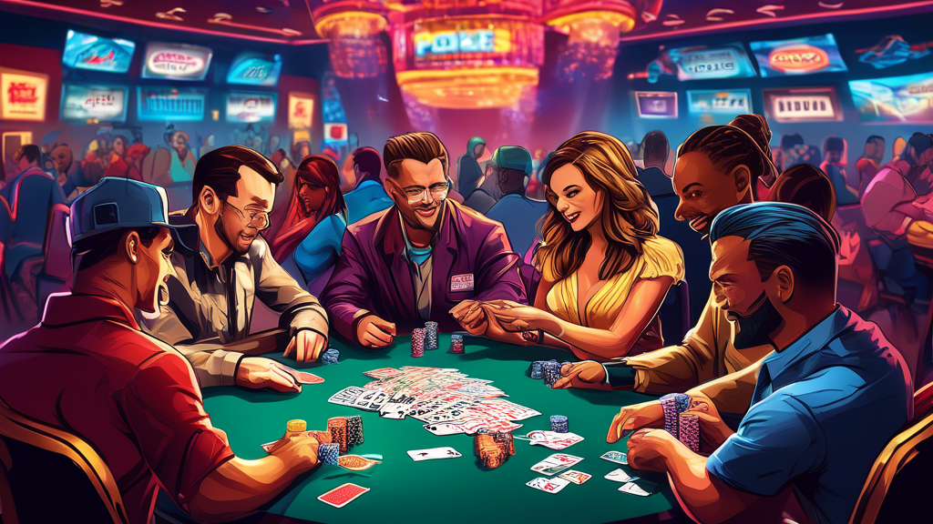 An illustration depicting a vibrant poker scene featuring a diverse group of players at a casino table, each engaging intensely with their cards. In the foreground, a large stack of colorful WSOP free chips is prominently displayed, symbolizing the strategies of maximizing their use in the game. The background includes banners showcasing various poker tournaments, and chips being deployed effectively in different game scenarios, highlighting best practices. The atmosphere is lively, capturing the excitement of a poker tournament, with a focus on skill and strategy.