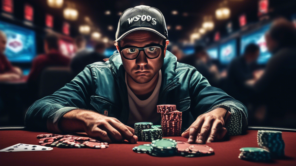 Create an image showing a thoughtful poker player seated at a table with a stack of WSOP free chips in front of them. The scene should illustrate a calm and focused atmosphere, with the player analyzing their next move while examining their chips. Include visual elements that represent common mistakes, such as a thought bubble indicating overspending or risky bets, with illustrations of exaggerated, overflowing chip stacks. Surround the table with subtle icons that symbolize discipline and strategy, like a checklist or a timer, to reinforce the importance of careful management in boosting poker success. The overall mood should convey a mix of concentration and caution in the poker game.