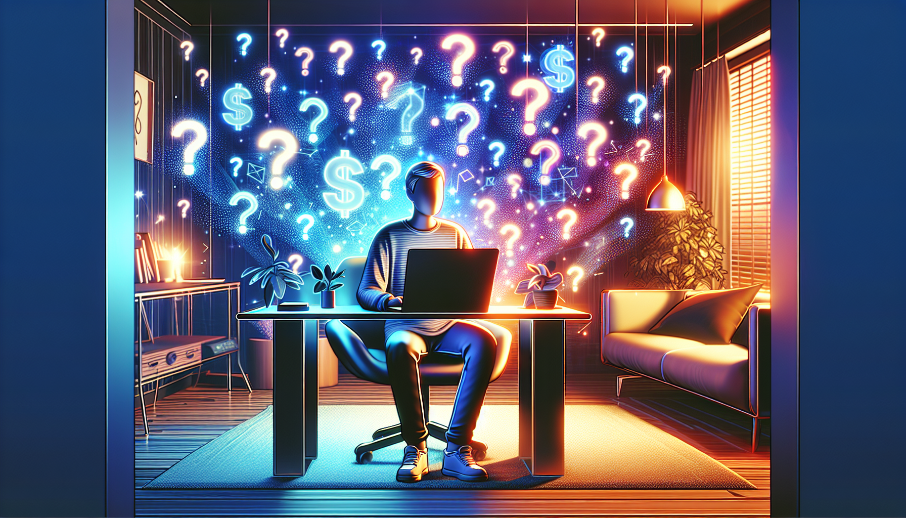 Digital illustration of a person sitting at a modern desk with a laptop, surrounded by floating holographic question marks and dollar signs, in a cozy home office setting.