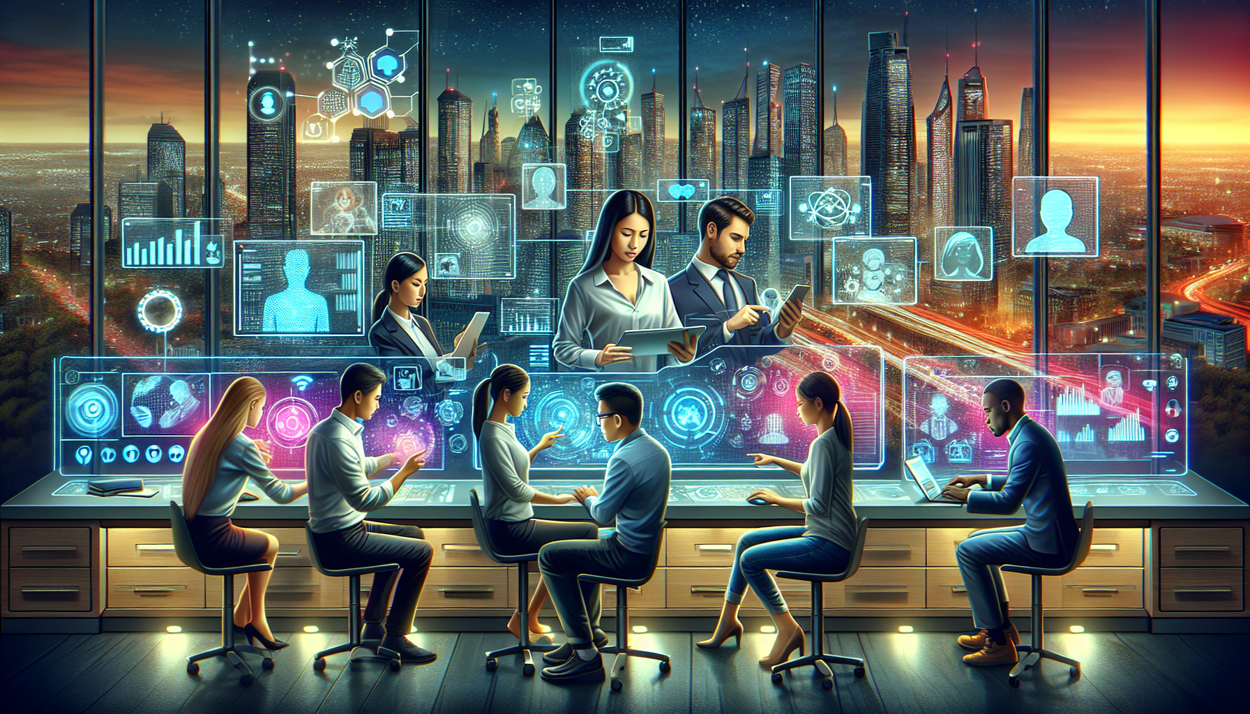 A futuristic digital workspace filled with diverse professionals using advanced holographic technology and AI assistants to manage multiple tasks, set against a skyline of a smart city at dusk.